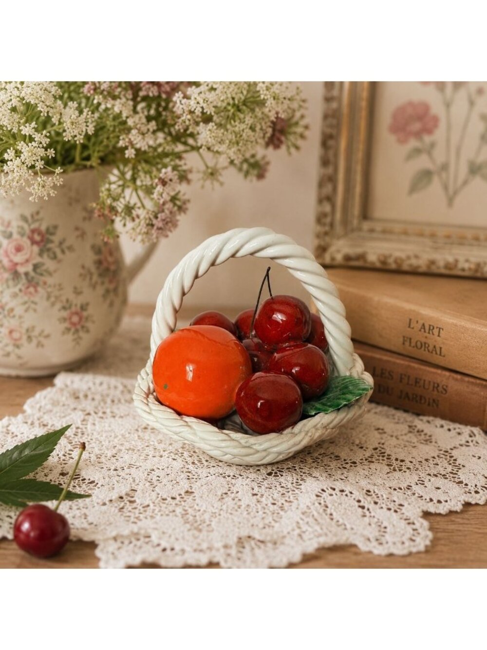 Lanzarin Ceramiche Cherry Basket Italy Porcelain Vtg Majolica Fruit Centerpiece